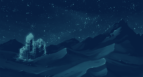 image of a castle frozen under huge ice at night