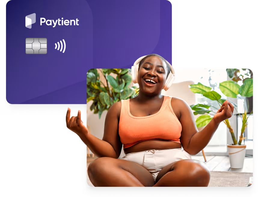 Image of a Paytient card and another of a happy woman sitting on the floor.