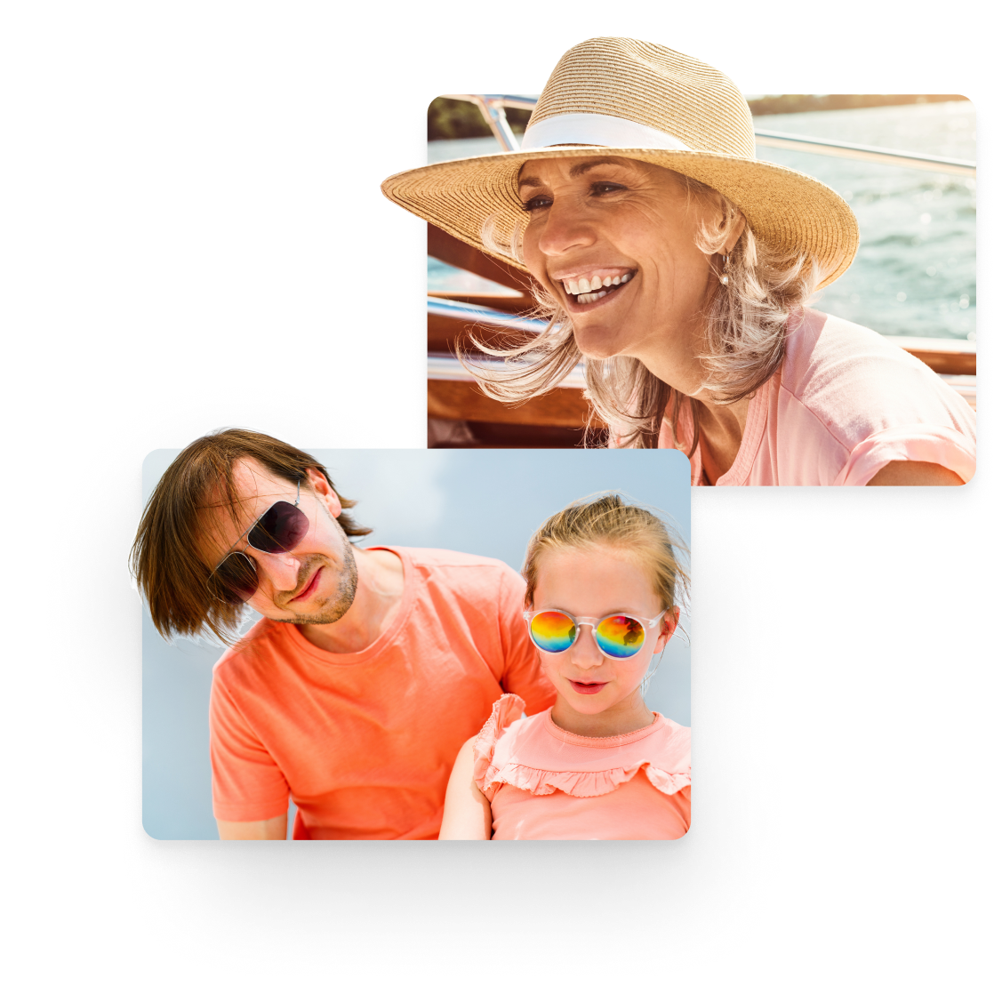 Two images in floating tiles, one of a smiling woman, the other of a father and daughter.