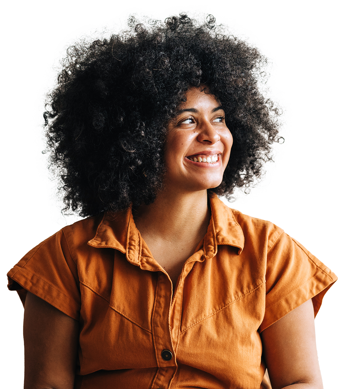 Woman with a smile looking towards her left.