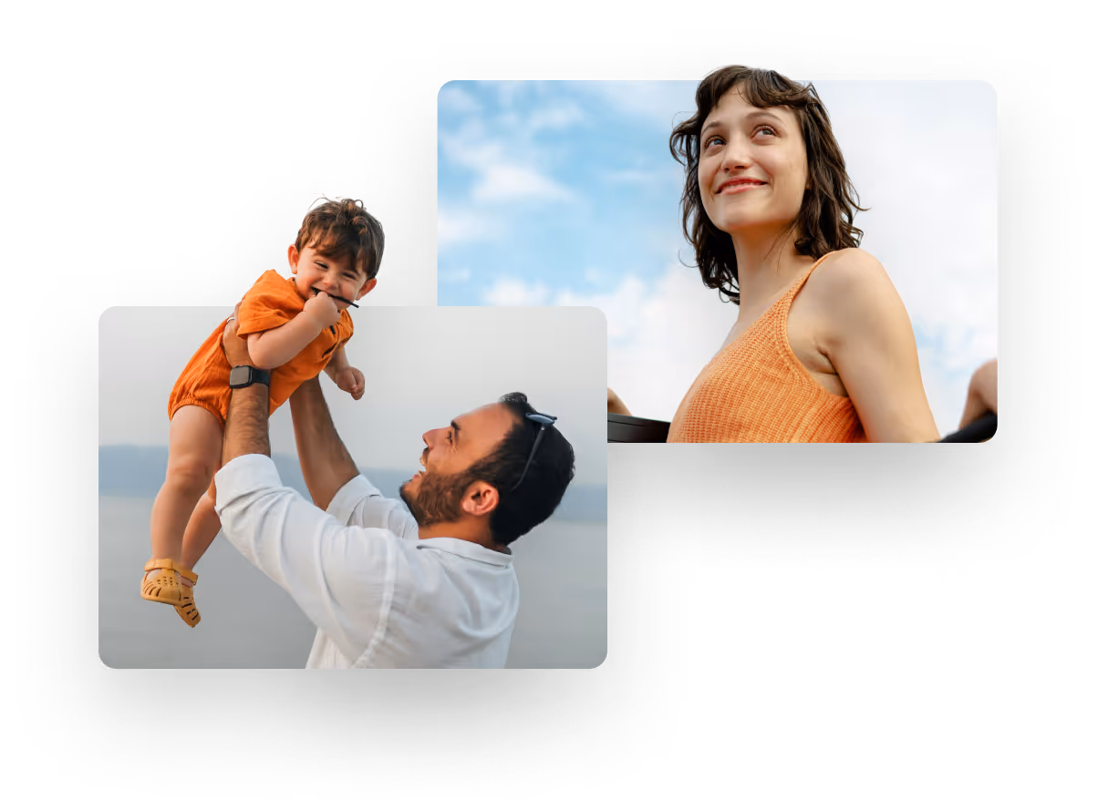 Two rectangular photos floating next to each other. One photo shows a man lifting a child and the other shows a woman with a smile.