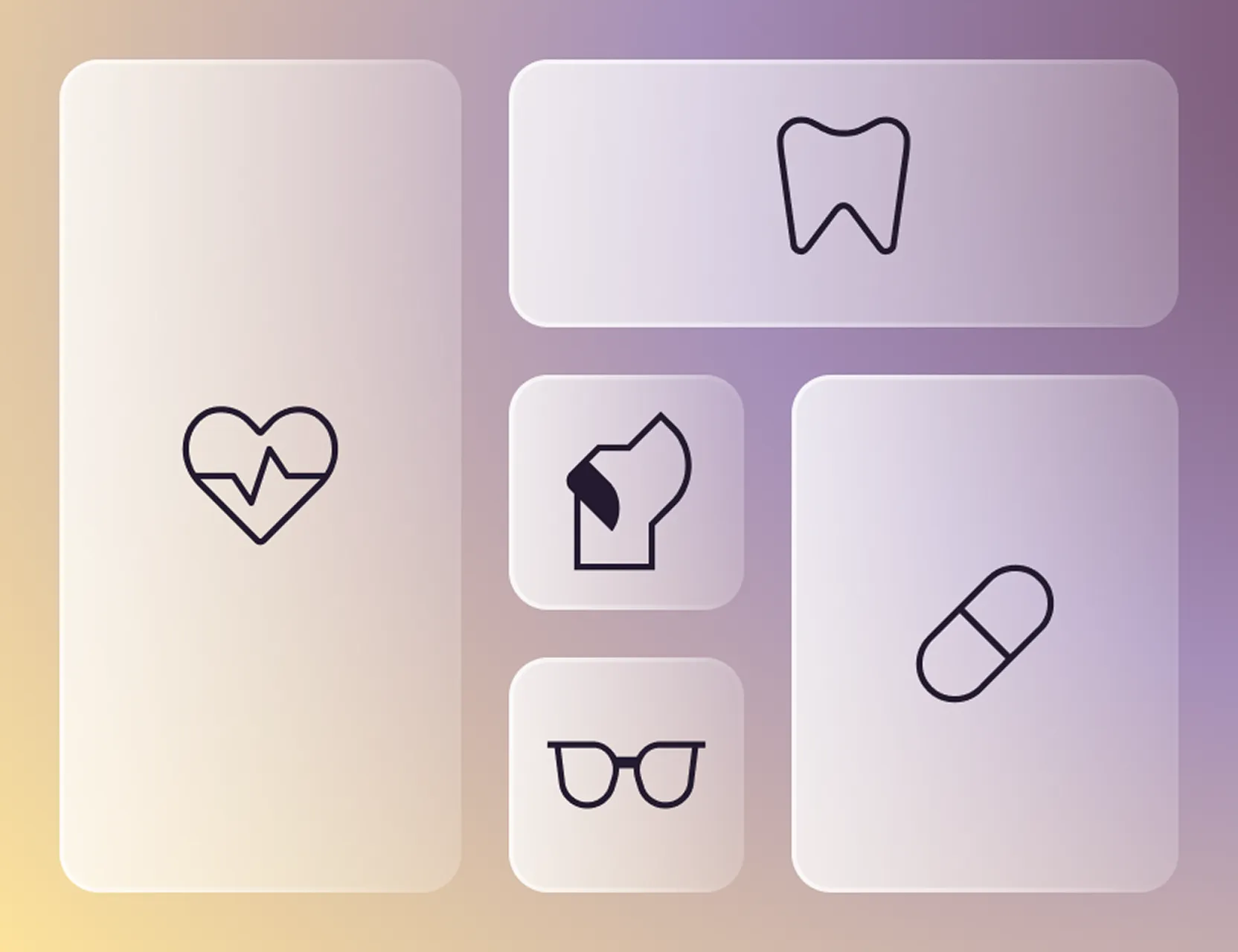 Interfaz de usuario con iconos relacionados con la salud, incluyendo un corazón con latidos, un diente, una oreja, unas gafas y una pastilla sobre un fondo degradado.