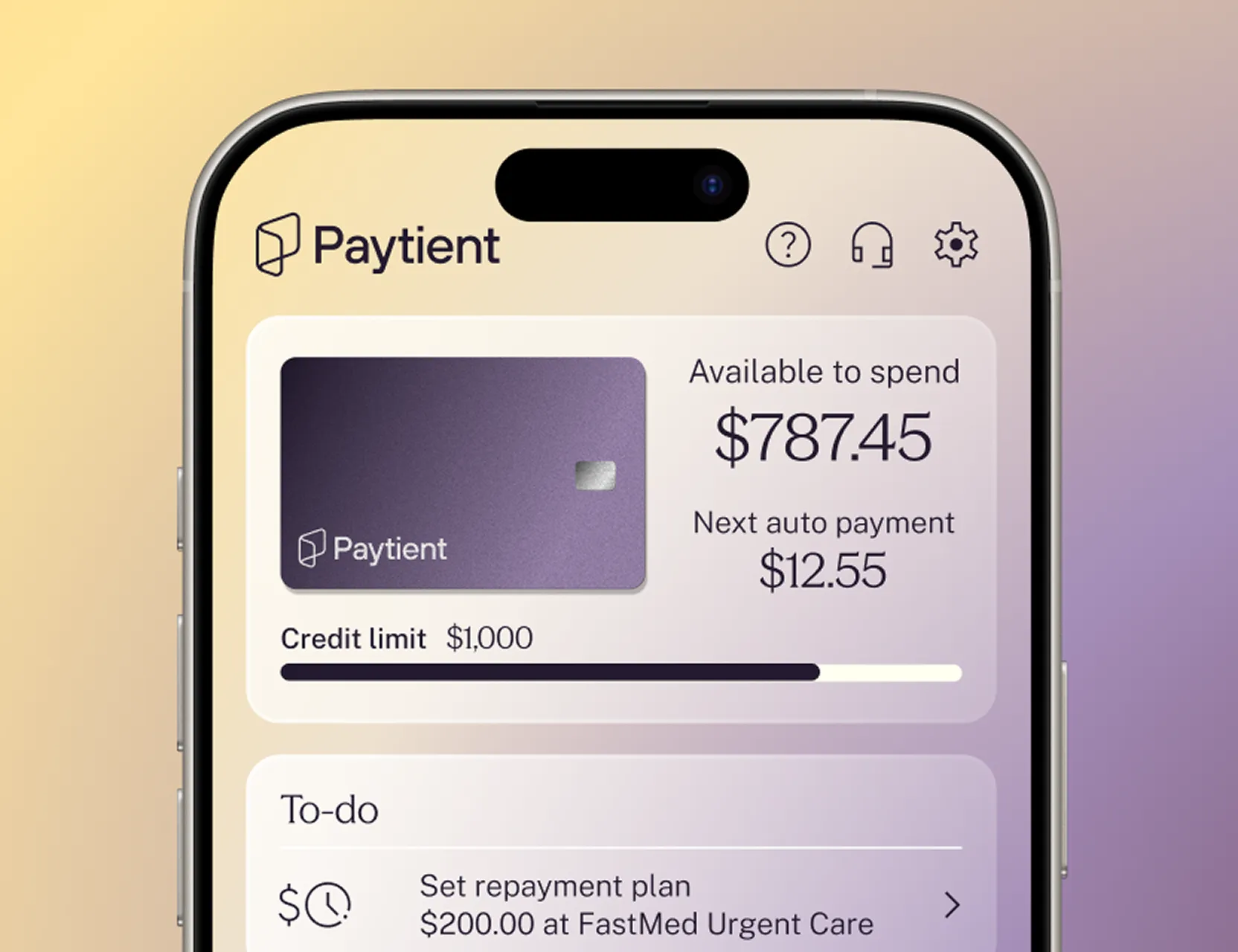 Smartphone screen showing Paytient app with available balance of $787.45, next auto payment of $12.55, and a $1,000 credit limit bar.