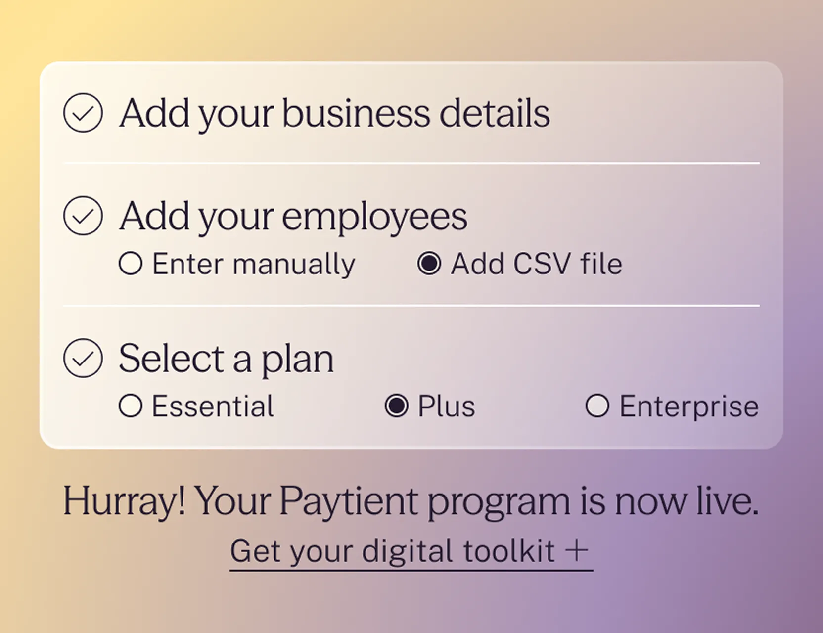 Checklist with steps completed: Add your business details, add employees via CSV file, select Plus plan; message says Paytient program is live with a link to get digital toolkit.
