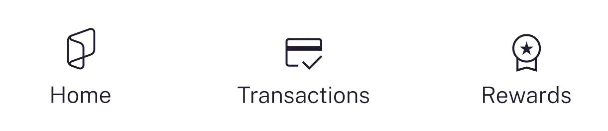 Barra de navegación con iconos y etiquetas para Inicio, Transacciones y Recompensas.