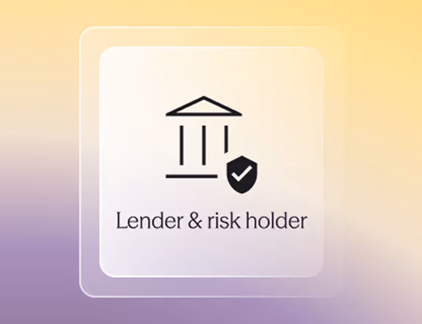 Icon of a classical bank building with a shield and check mark, labeled 'Lender & risk holder'.