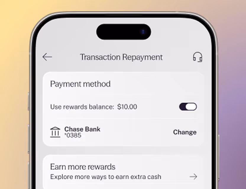 Smartphone screen showing a transaction repayment interface with a payment method section including a $10 rewards balance toggle and Chase Bank account ending in 0385, plus an option to earn more rewards.