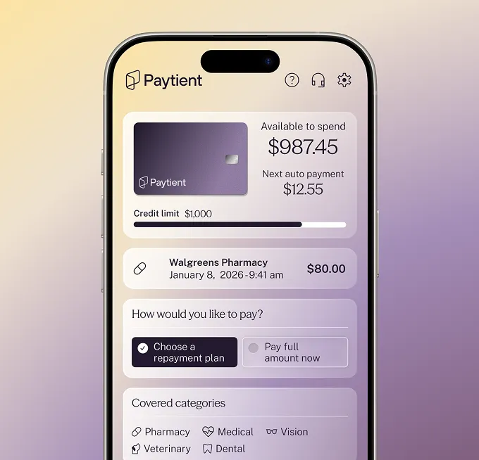 Mobile screen showing Paytient app with $987.45 available to spend, $12.55 next auto payment, $80 charge from Walgreens Pharmacy, and payment options.