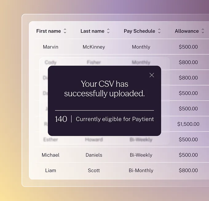 Popup message stating 'Your CSV has successfully uploaded.' over a blurred employee payroll table with columns for First name, Last name, Pay Schedule, and Allowance.