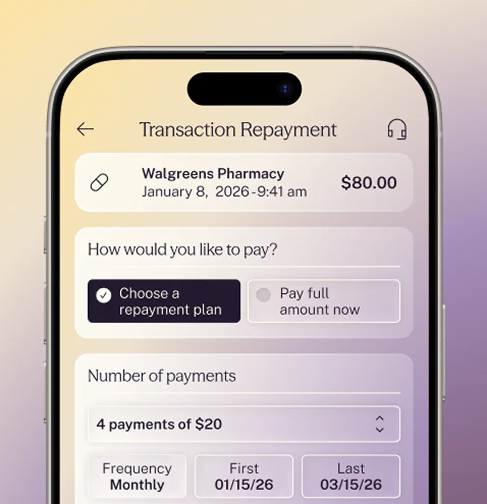 Mobile screen showing Walgreens Pharmacy transaction repayment of $80 with option to choose a repayment plan of 4 monthly payments of $20 starting 01/15/26 and ending 03/15/26.