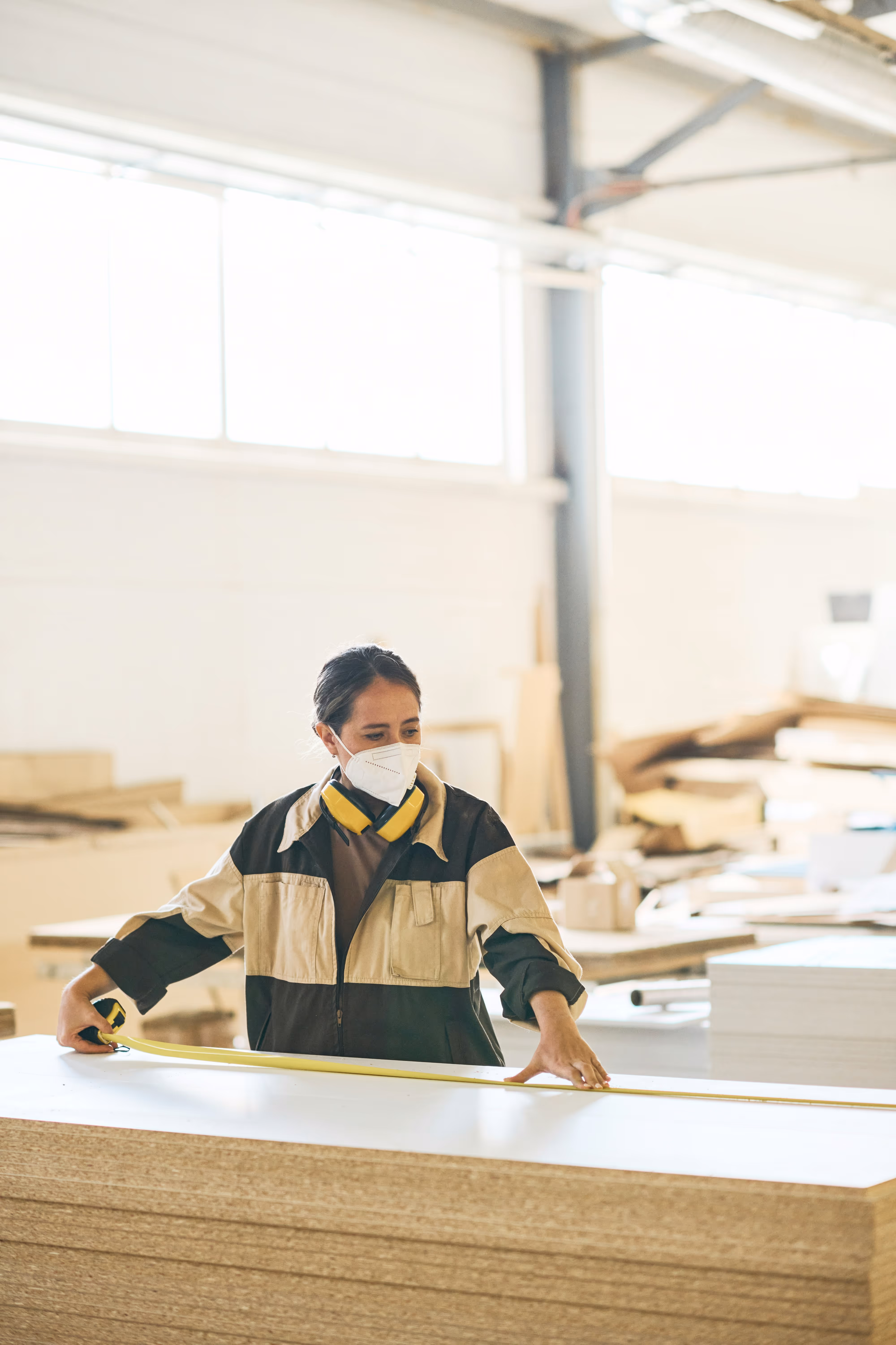 Worker wearing mask and ear protection measures wood panel with tape measure in workshop.