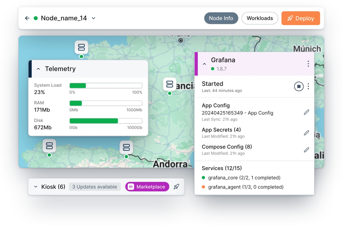 Barbara Panel showing an edge node on a map, its live telemetry and a Grafana app deployed on it