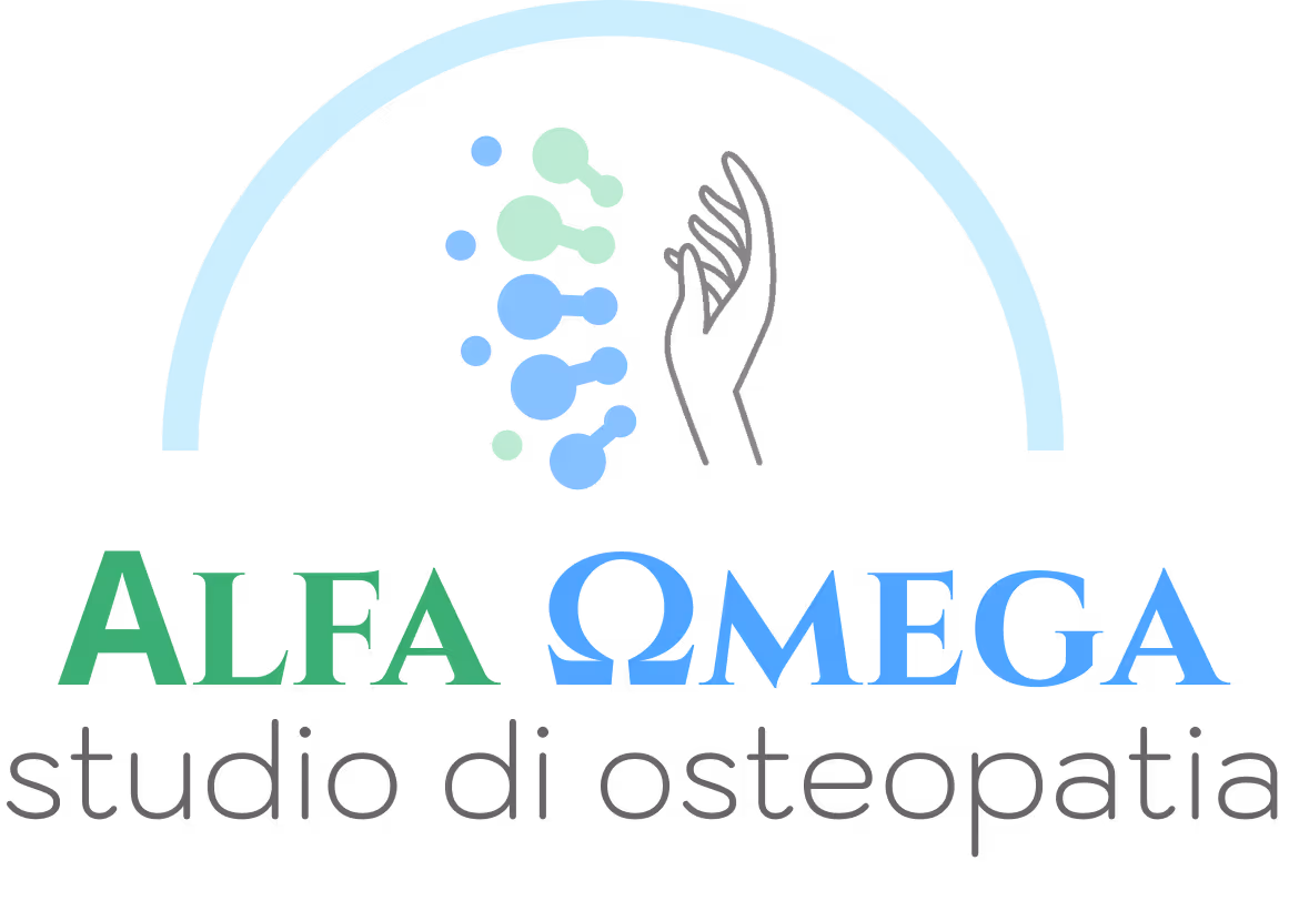 Logo Alfa Omega composto da una mano e una colonna vertebrale stilizzata.
