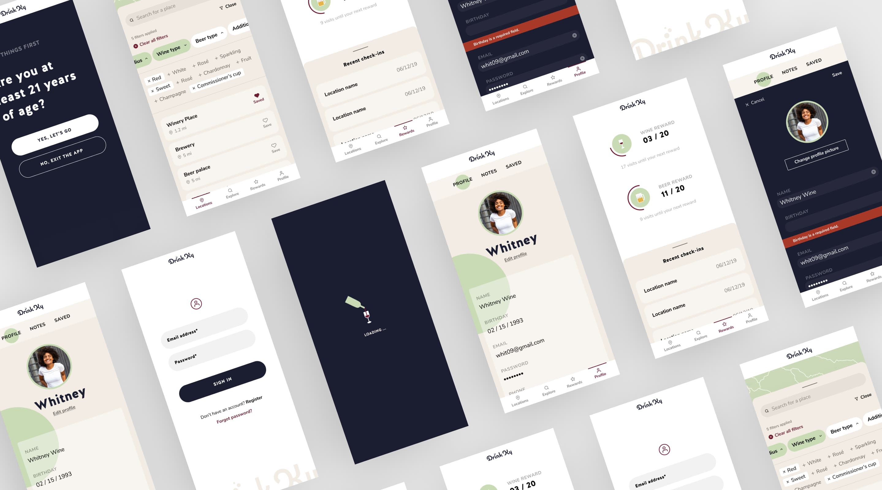 Drink KY app screens in a grid layout showing the locations page map and filtering capabilities, the loading screen, the rewards dashboard, and the profile page.