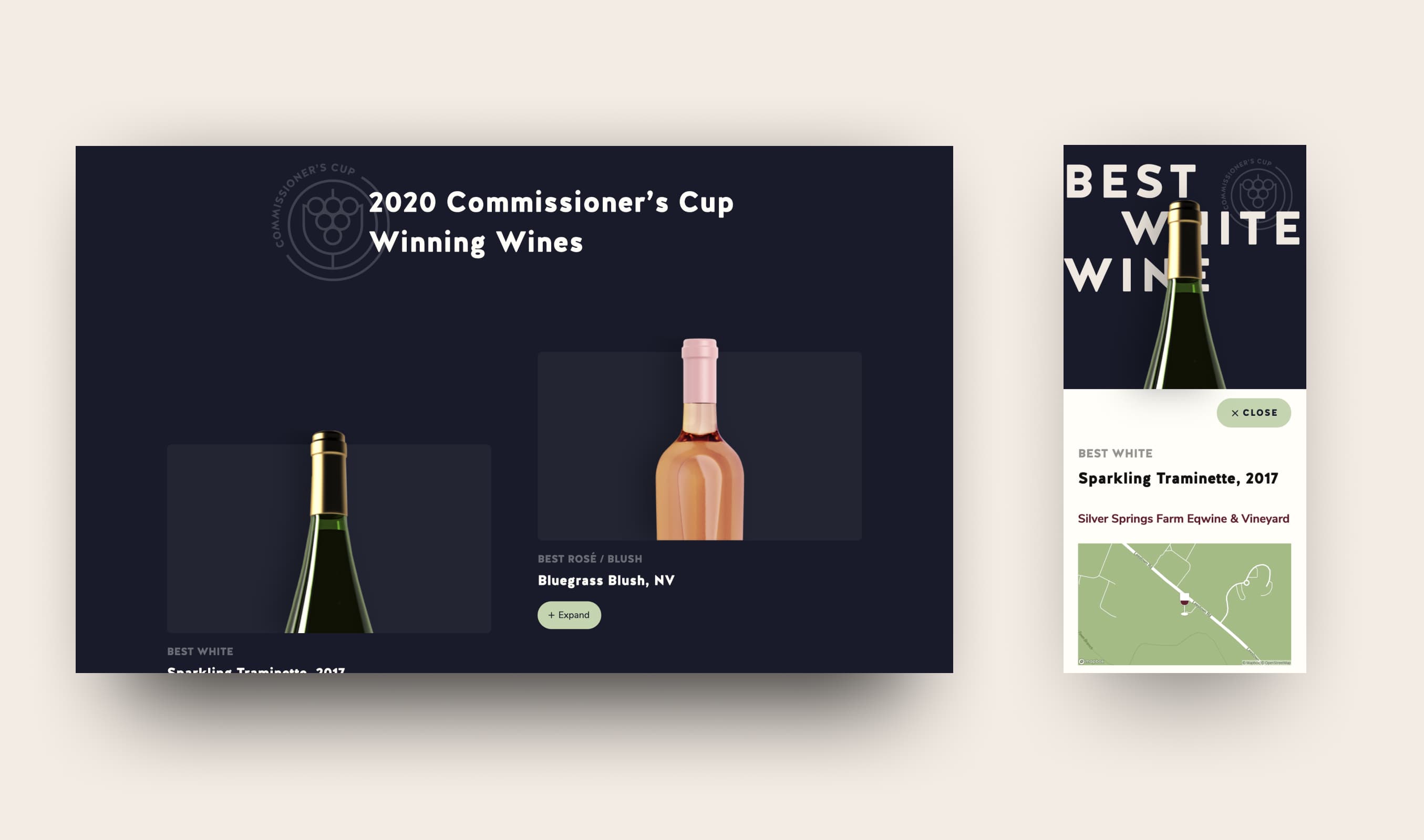 Drink KY marketing site screens, showing the 2020 Commissioner's Cup Winners for various wine categories.