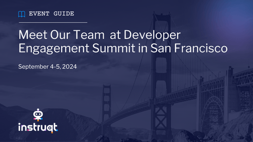 Instruqt event guide banner for Developer Engagement Summit San Francisco, September 4–5, 2024, with Golden Gate Bridge backdrop.