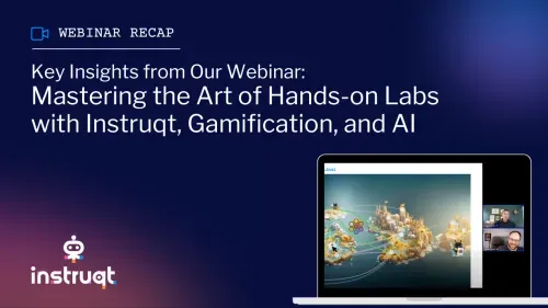 Webinar recap hero card for Mastering the Art of Hands-on Labs with Instruqt, Gamification, and AI, showing a gamified lab map on a laptop screen with two presenters visible in video tiles.