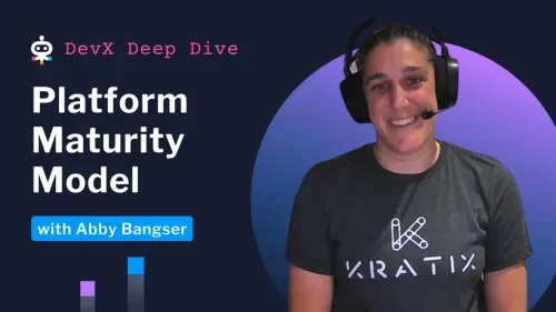 Abby Bangser hosts the DevX Deep Dive episode on Platform Maturity Model, wearing a Kratix t-shirt and headset.
