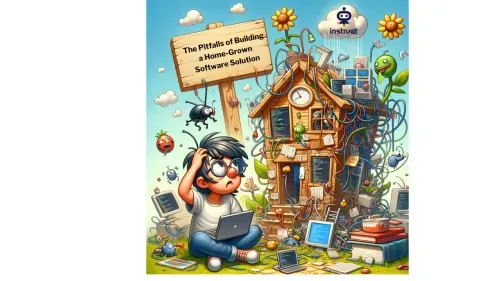 Cartoon developer overwhelmed by bugs and tangled wires illustrates the pitfalls of building a home-grown software solution.
