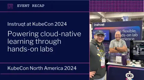 Instruqt staff at their KubeCon North America 2024 booth, promoting hands-on cloud-native learning labs.
