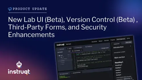 Instruqt product update hero banner showcasing the New Lab UI Beta interface with editor and terminal panels.