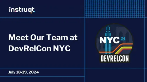 Instruqt promotional banner announcing their team's presence at DevRelCon NYC 2024 on July 18–19.
