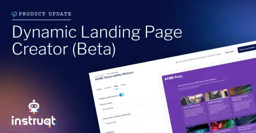 Instruqt's Dynamic Landing Page Creator (Beta) product update showing the editor UI with an ACME Corp. landing page.