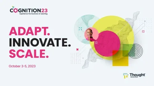 Thought Industries COGNITION '23 conference promotional banner themed 'Adapt. Innovate. Scale.' October 3–5, 2023.
