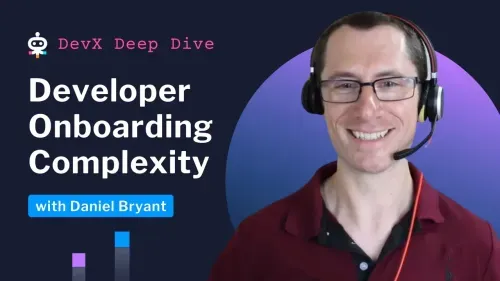Daniel Bryant wearing a headset, featured on the DevX Deep Dive episode about Developer Onboarding Complexity.