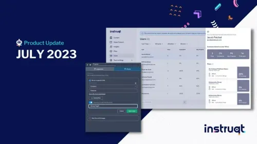 Instruqt July 2023 Product Update thumbnail showing new platform UI features including progress checks and user analytics.