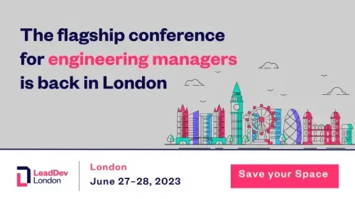 LeadDev London 2023 conference banner promoting the flagship event for engineering managers, June 27–28.