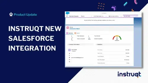 Instruqt's new Salesforce integration shown in the Service Console with the Connector Block displaying learner progress stats.