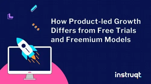 Instruqt blog header: how product-led growth differs from free trials and freemium models, with a rocket launching from a monitor.