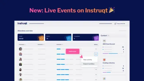 Instruqt Live Events dashboard showing attendees overview with 39/40 joined and instructor controls for sandbox management.
