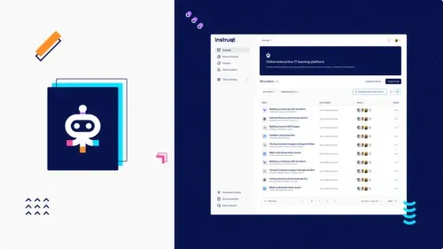 Instruqt's redesigned team page showing the Content library with navigation sidebar and track listings.