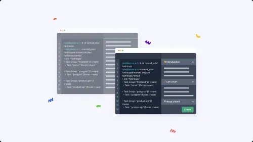 Instruqt lab interface showing a terminal with Nomad job commands alongside a collapsible sidebar with Introduction and Let's start sections.