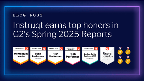 Instruqt's G2 Spring 2025 badges: Momentum Leader, High Performer, Easiest To Do Business With, and Users Love Us.