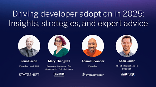 Webinar panel graphic: Jono Bacon, Mary Thengvall, Adam DuVander, and Sean Lauer discuss driving developer adoption in 2025.