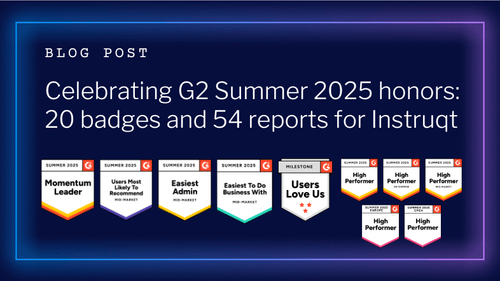 Instruqt earns 20 G2 Summer 2025 badges including Momentum Leader, Easiest Admin, and Users Love Us.