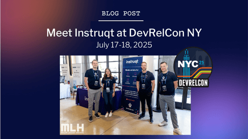 Instruqt team members at their DevRelCon NY booth, promoting hands-on labs at the MLH event.