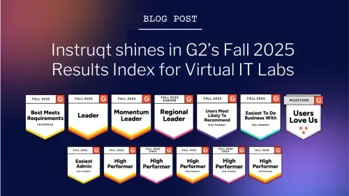 Instruqt's 12 G2 Fall 2025 badges including Leader, Momentum Leader, and Users Love Us for Virtual IT Labs.