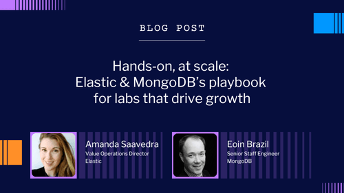 Blog post card featuring Amanda Saavedra (Elastic) and Eoin Brazil (MongoDB) on 'Hands-on, at scale: Elastic & MongoDB's playbook for labs that drive growth'.