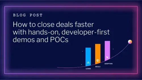Blog post cover: 'How to close deals faster with hands-on, developer-first demos and POCs' with a bar chart showing Leads, Deals, and Adoption stages.