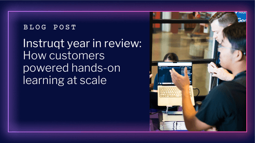 Instruqt year in review blog post cover showing two people collaborating on a hands-on lab at a laptop.