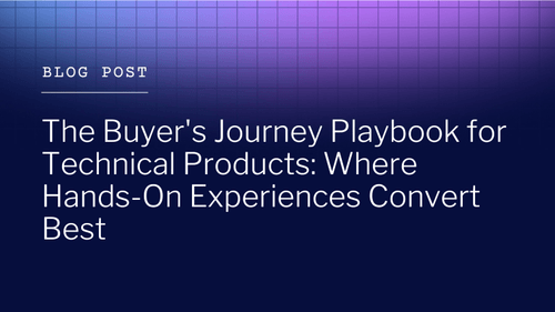 Blog post title card: 'The Buyer's Journey Playbook for Technical Products: Where Hands-On Experiences Convert Best.'
