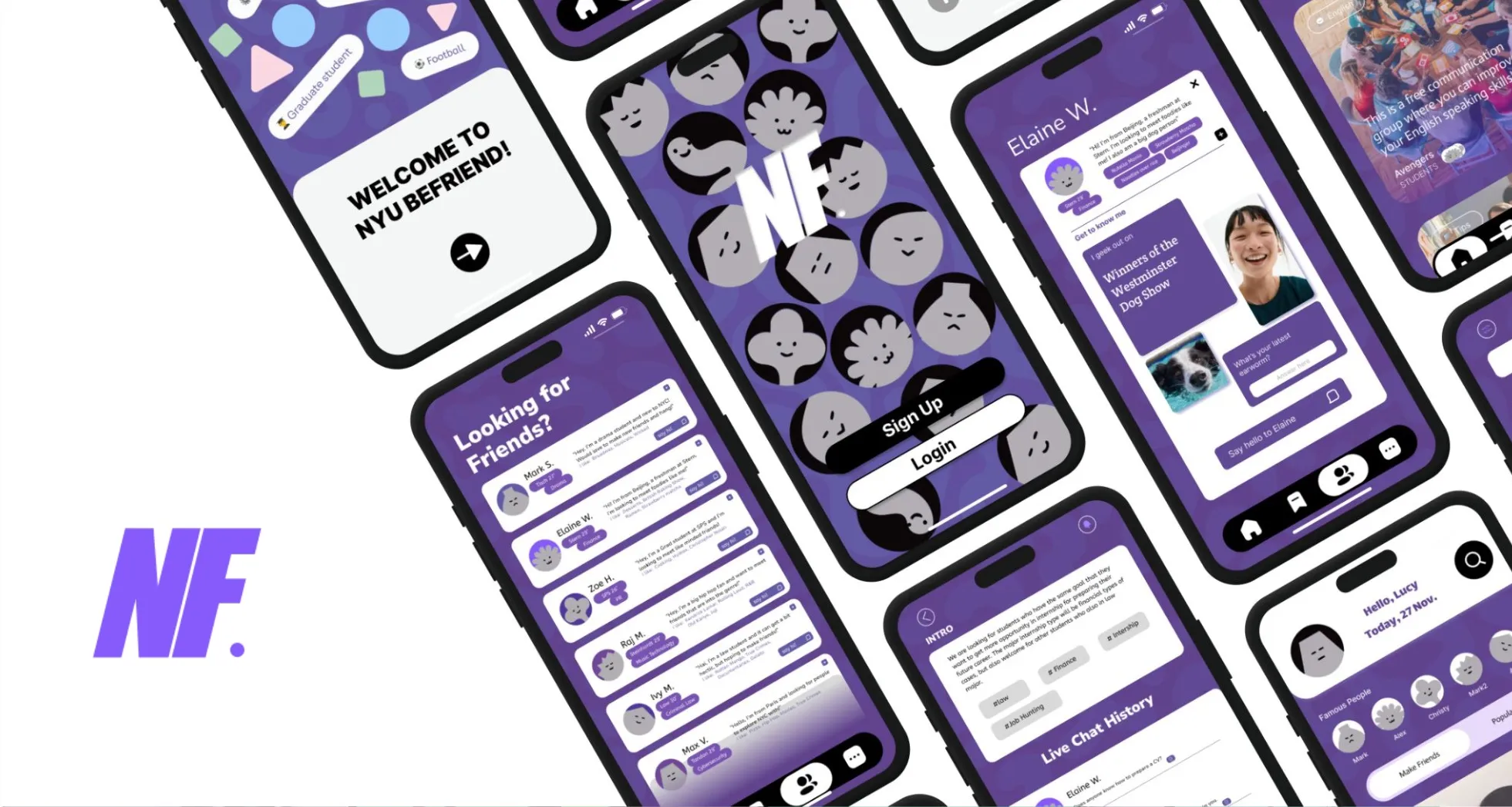 Multiple smartphone screens displaying a purple-themed social app called NYU Befriend with profile listings, chat history, sign up and login buttons, and user interactions.