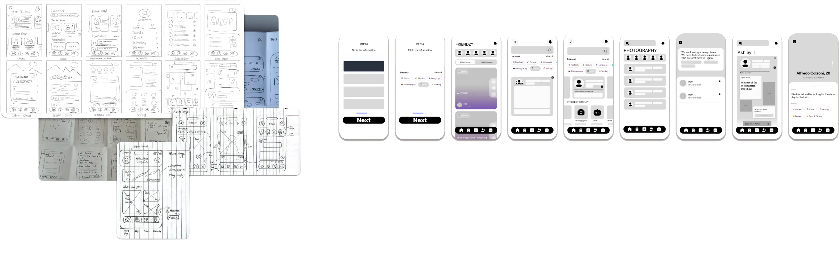 UX design workflow showing paper sketches and digital wireframes for a social networking app with screens for onboarding, interest selection, friend list, chat, and profile pages.