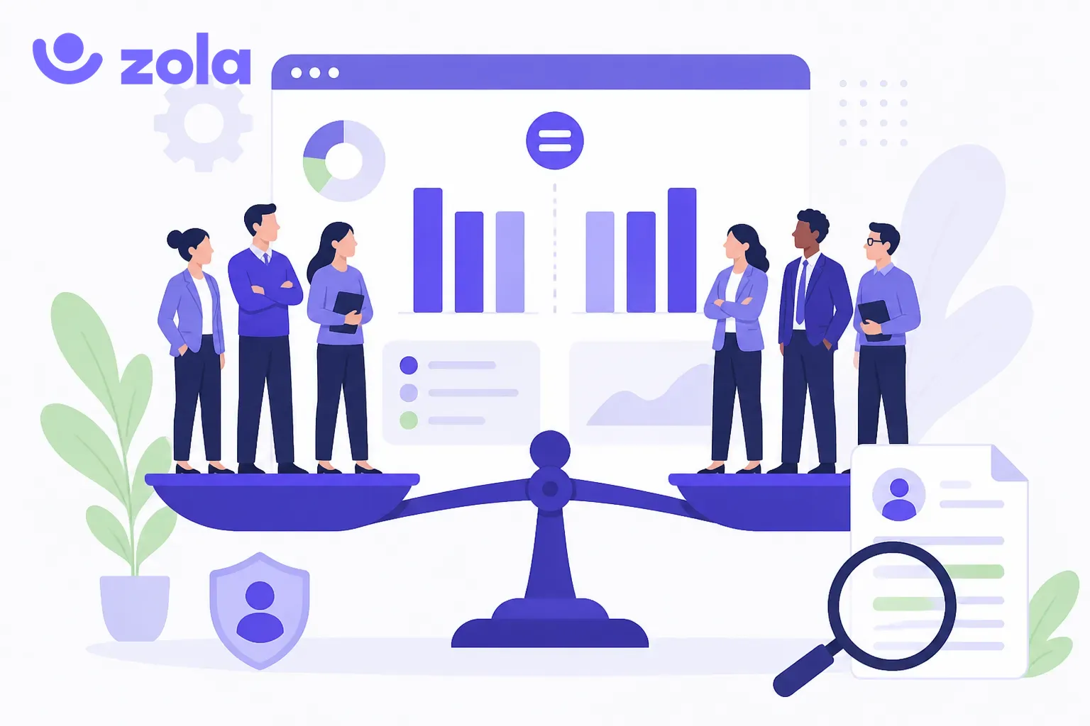 Logiciel d'équité salariale : illustration violette Zola, balance et tableau de bord