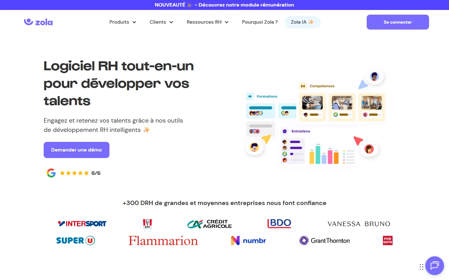 Page d'accueil de zola.fr : logiciel RH tout-en-un pour développer les talents, adopté par plus de 300 DRH