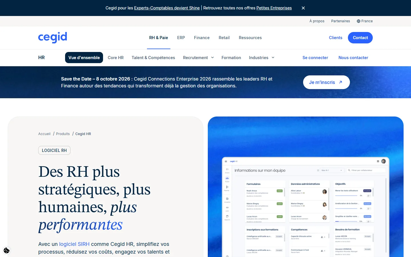 Page d'accueil de Cegid HR, le SIRH européen qui couvre core RH, talents et paie pour les groupes multi-entités